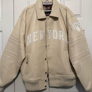 Cream Leather Jacket with New York Embroidery